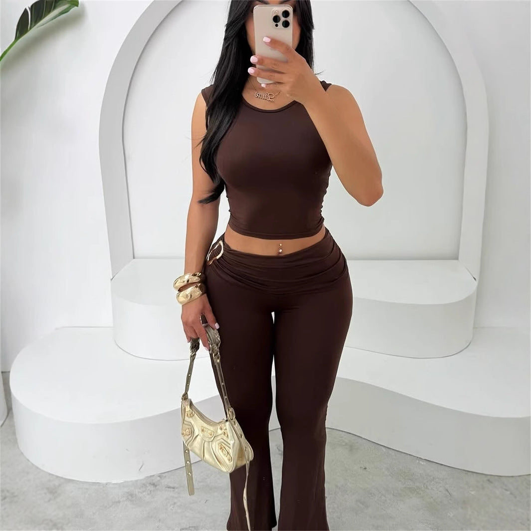 Crop Top Sleeveless Shirt With Tight High-waist Pants Set