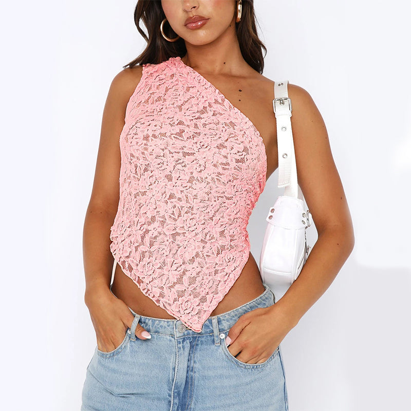 Lace Backless Top Summer Waistless Asymmetrical Sloped Neck Vest