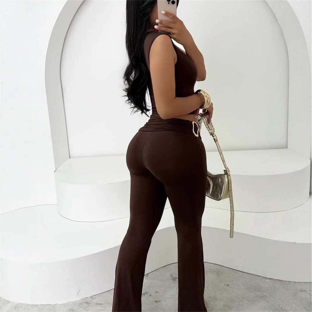 Crop Top Sleeveless Shirt With Tight High-waist Pants Set
