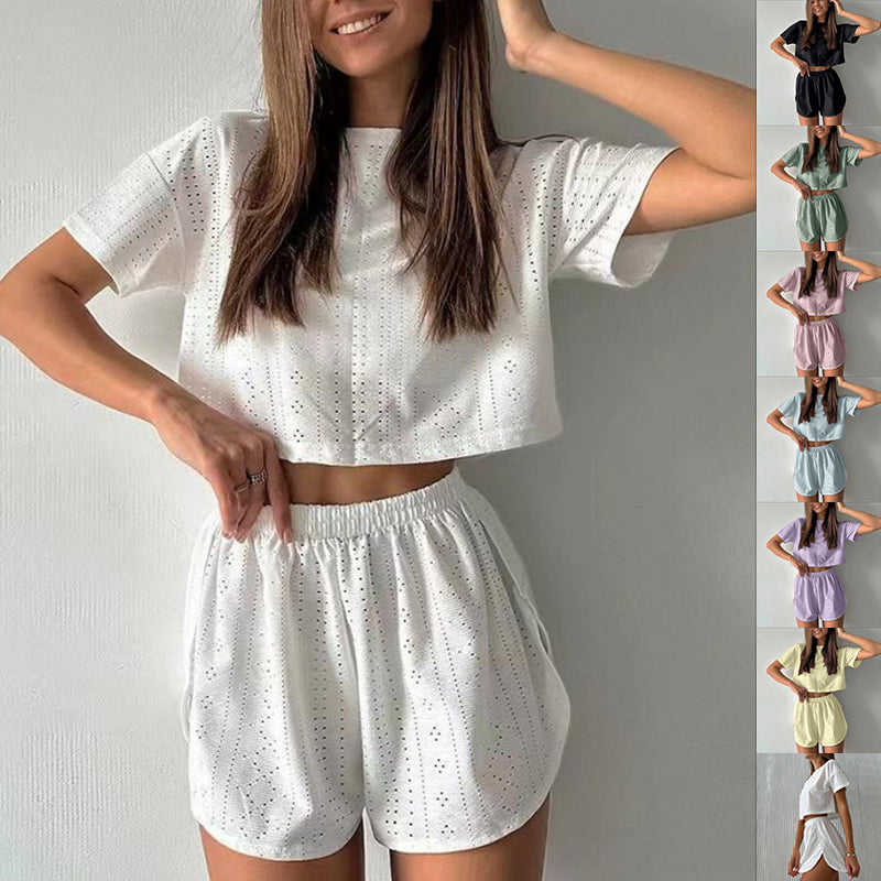 Casual Hollow Suit With Short-sleeved Crop Top And Elastic Slit Shorts Summer Fashion Clothing