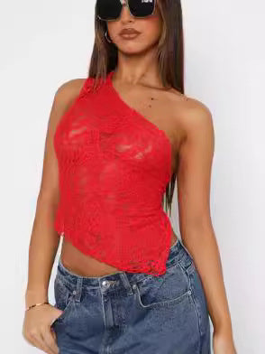 Lace Backless Top Summer Waistless Asymmetrical Sloped Neck Vest