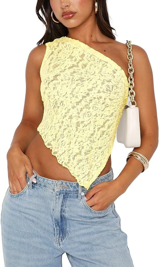 Lace Backless Top Summer Waistless Asymmetrical Sloped Neck Vest