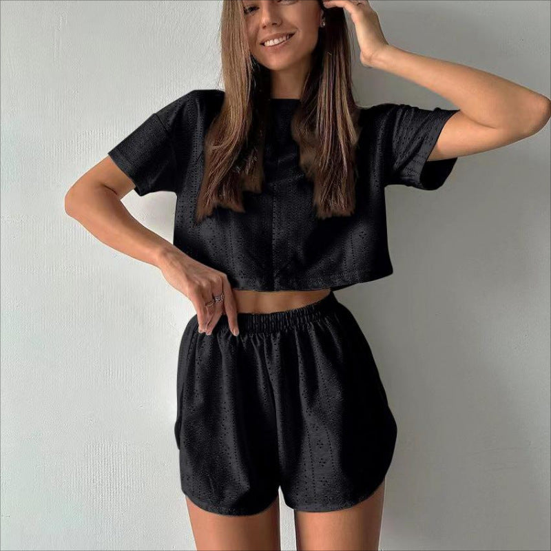 Casual Hollow Suit With Short-sleeved Crop Top And Elastic Slit Shorts Summer Fashion Clothing