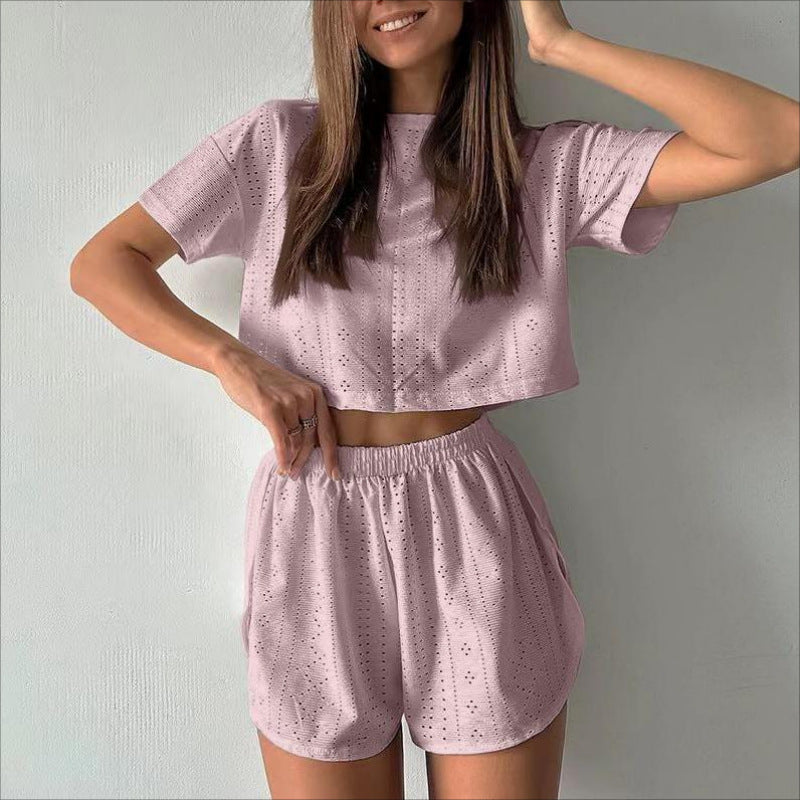 Casual Hollow Suit With Short-sleeved Crop Top And Elastic Slit Shorts Summer Fashion Clothing
