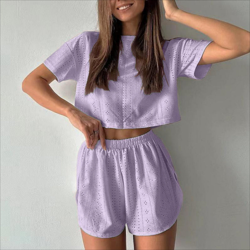 Casual Hollow Suit With Short-sleeved Crop Top And Elastic Slit Shorts Summer Fashion Clothing