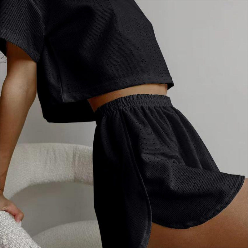 Casual Hollow Suit With Short-sleeved Crop Top And Elastic Slit Shorts Summer Fashion Clothing