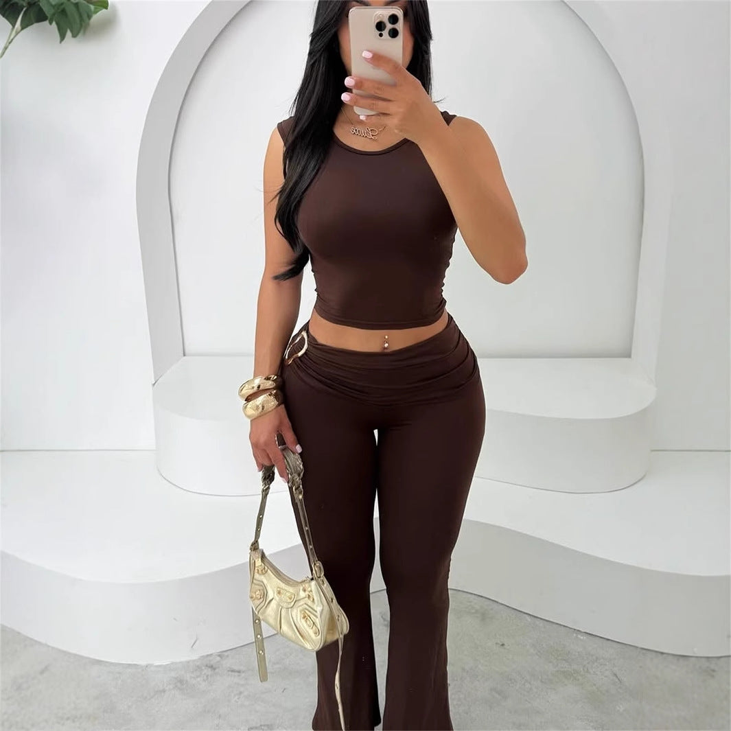 Crop Top Sleeveless Shirt With Tight High-waist Pants Set