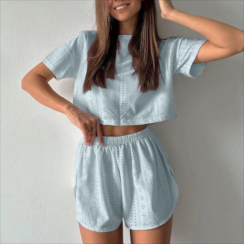 Casual Hollow Suit With Short-sleeved Crop Top And Elastic Slit Shorts Summer Fashion Clothing