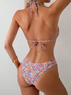 Floral Lace-up Bikini Swimsuit Three-piece