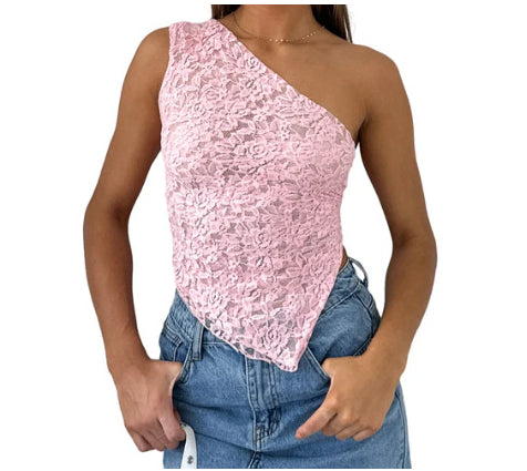 Lace Backless Top Summer Waistless Asymmetrical Sloped Neck Vest