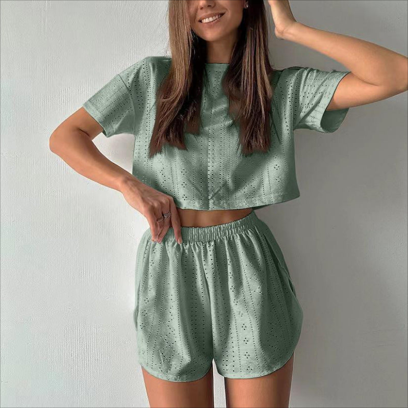 Casual Hollow Suit With Short-sleeved Crop Top And Elastic Slit Shorts Summer Fashion Clothing