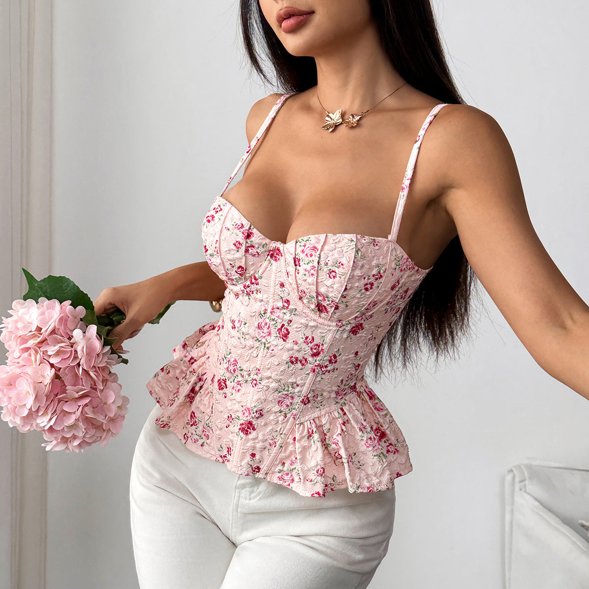 Floral-print Asymmetrical Ruffled Top