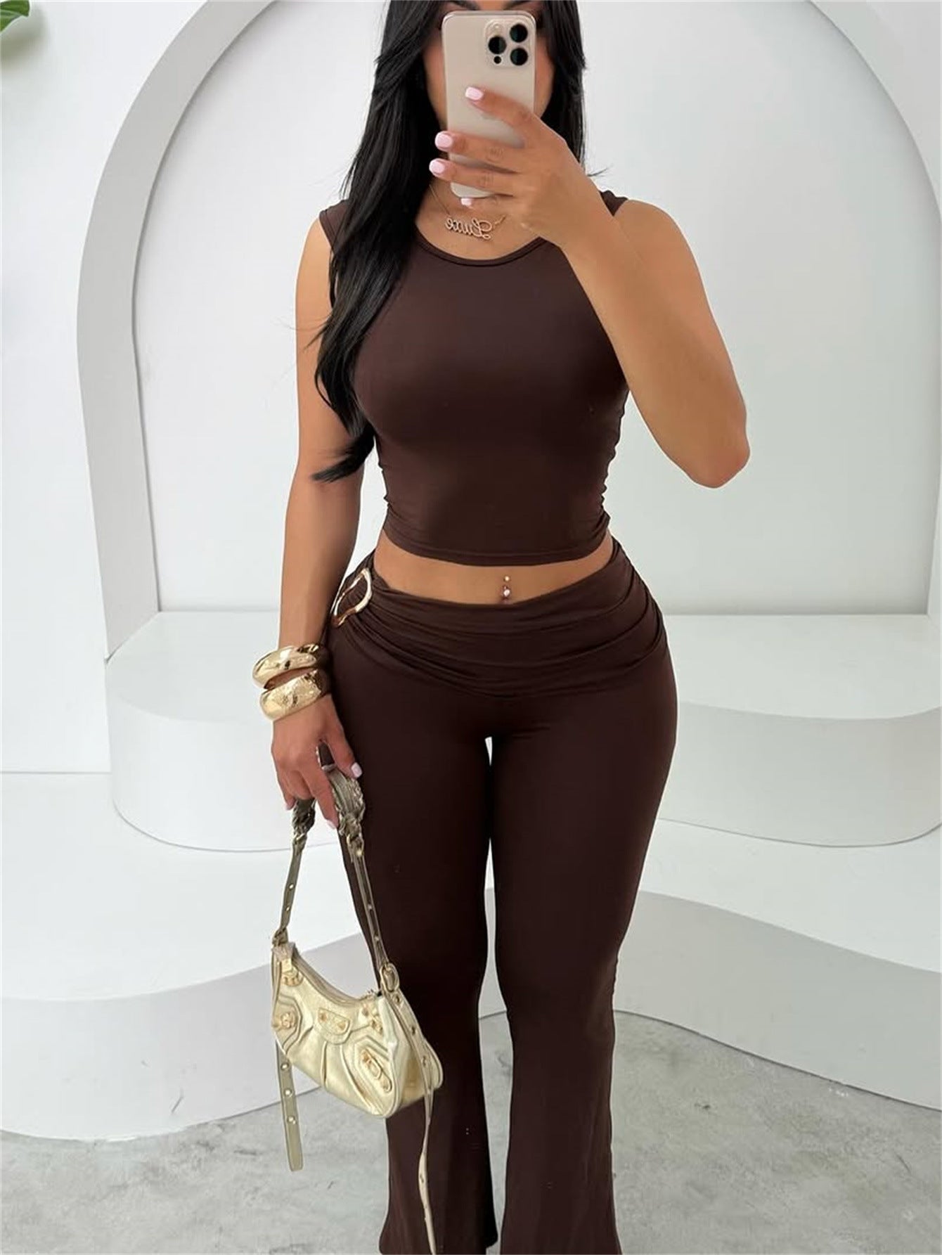 Crop Top Sleeveless Shirt With Tight High-waist Pants Set