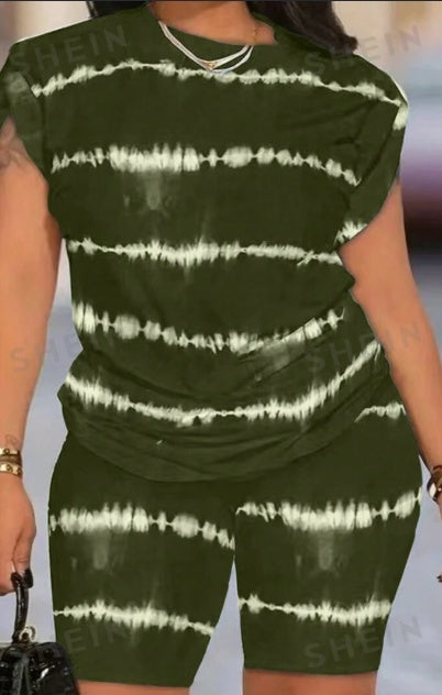 2pcs Set Striped Round Neck T-Shirt And Shorts