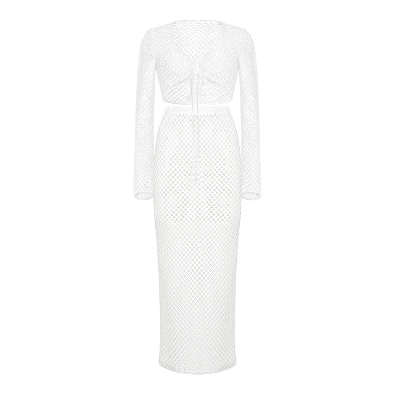 Lace Mesh Casual Knitted Maxi Dress Suit