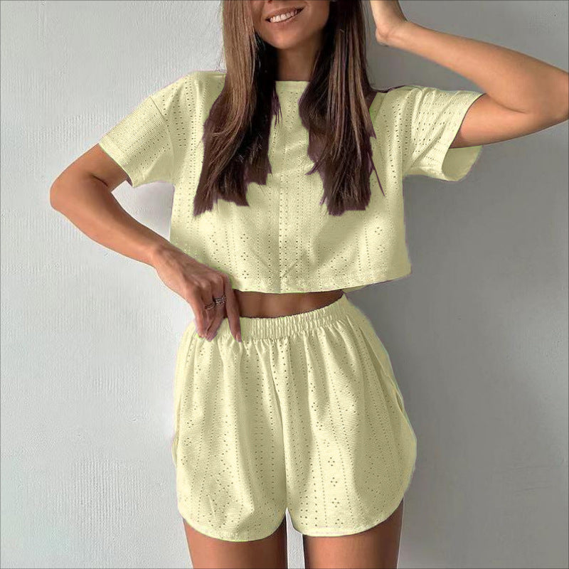 Casual Hollow Suit With Short-sleeved Crop Top And Elastic Slit Shorts Summer Fashion Clothing